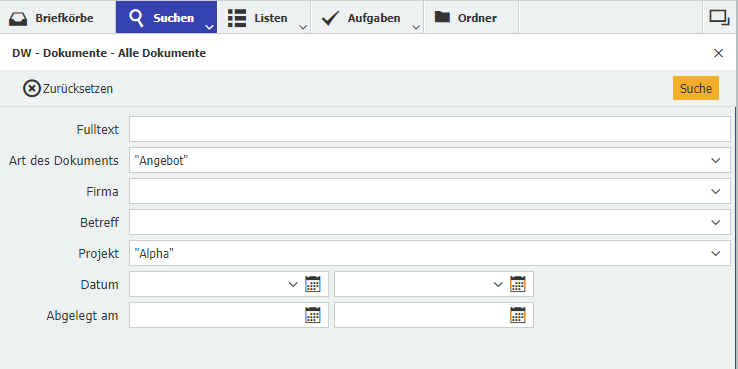 Dokumente projektbezogen suchen